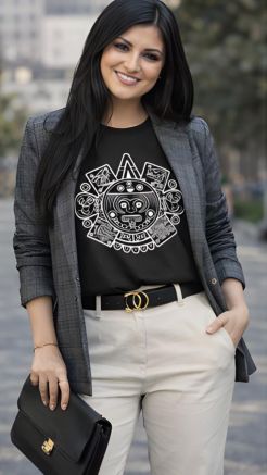 Smiling woman styling a black graphic top with a gray blazer, cream trousers, and a black handbag.