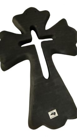 Black Barro Negro ceramic cross wall decoration with handcrafted sculptural design.