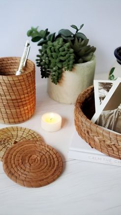 Handmade woven basket accessories displayed with minimalist home styling