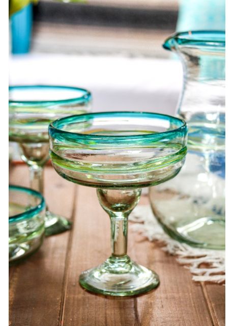 Set of 6 Recycled Hand Blown Aqua Wine Glasses from Mexico