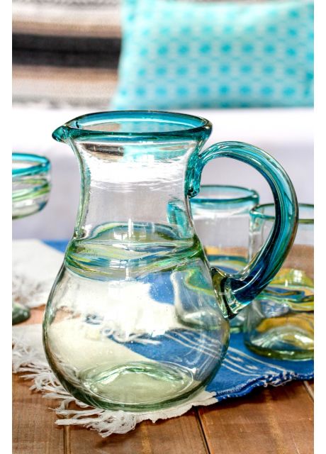 Hand Blown Glass & Bamboo Pitcher & Cups