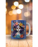 White ceramic mug featuring a purple-haired multicolored floral Catrina portrait on a wooden table.